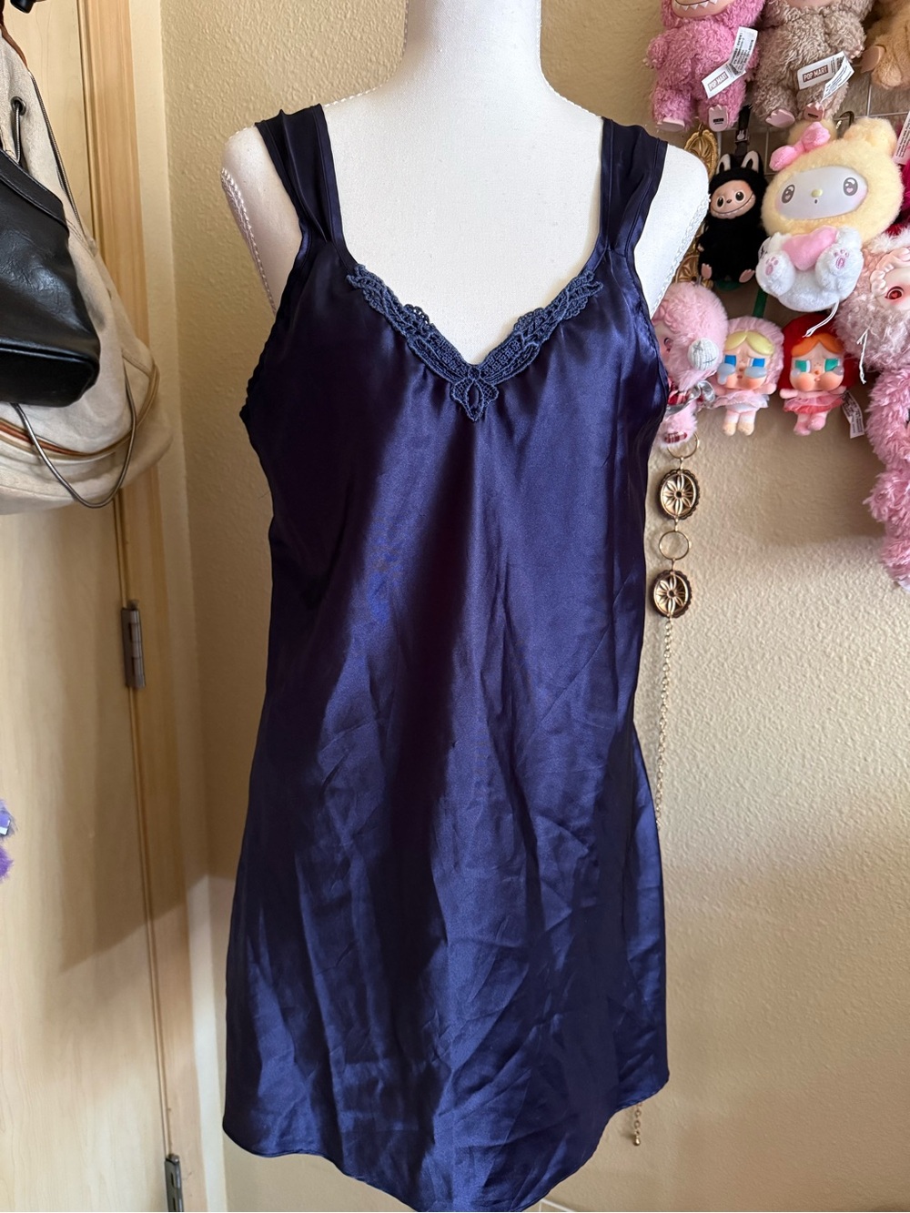Aerin Navy Blue Satin Lace-Trim Chemise